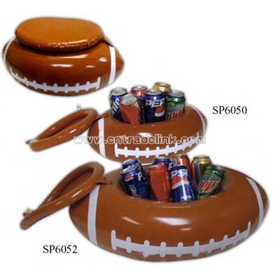 6 cans - Inflatable football shaped can cooler with white markings and lid