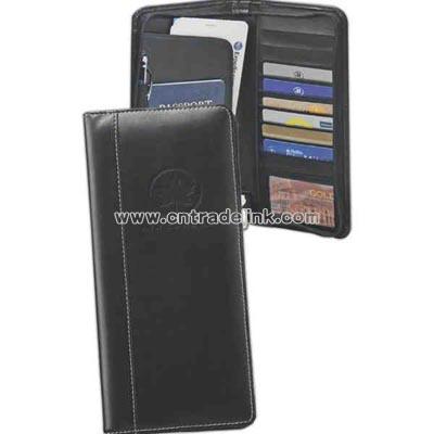 Black deluxe bonded leather zippered passport case with multi-pocket interior