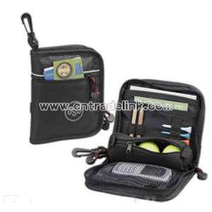 Black golf valuables pouch w/ large ID window for golf scorecards.