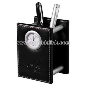 Black leather pencil cup clock