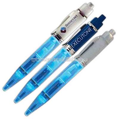 Blue light up pen with silver cap.