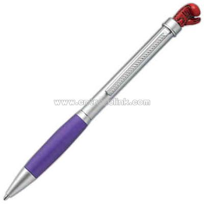 Boxing glove twist action ballpoint pen with comfort grip section.