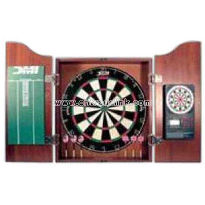 Bristle dart board cabinet set with electronic scorer.