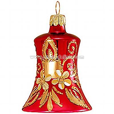 Burgundy Bell With Candle & Flower Glass Ornament