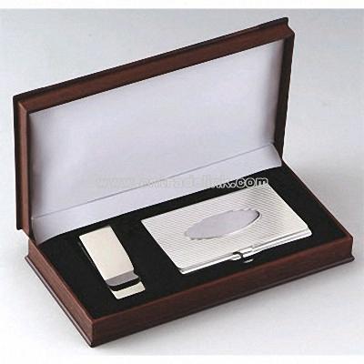 CARD CASE AND MONEY CLIP GIFT SET - SILVER