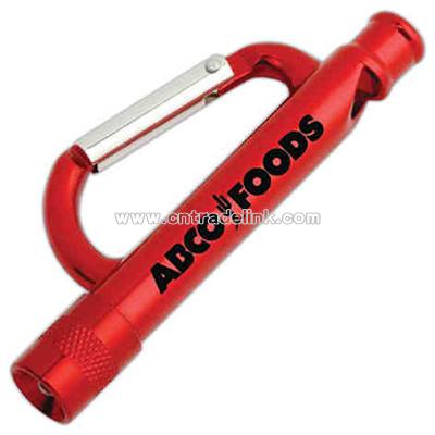 Carabiner flashlight with a white light and whistle