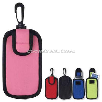 Case, holds cell phone and MP3 players with plastic carabiner clip