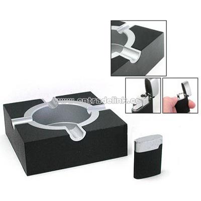 Cigar Cigarette Windproof Lighter and Ashtray-Classical Black Square and Pewter Design