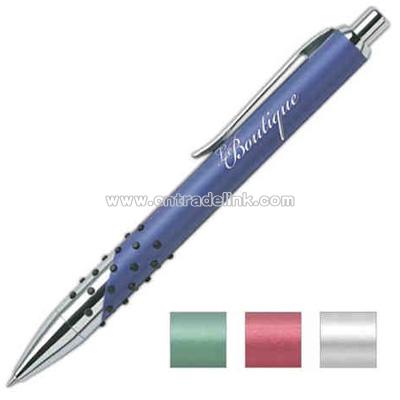 Click-action ballpoint with raised colored rubber dot grip