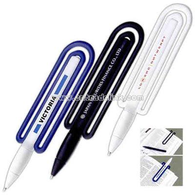 ClipWriter (TM) - Twist-action combination plastic ballpoint pen and translucent blue bookmark