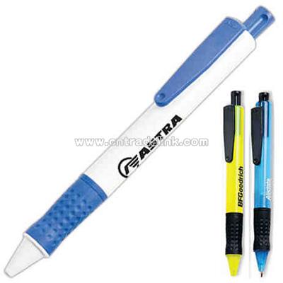 Colored ballpoint pen with blue grip and clip
