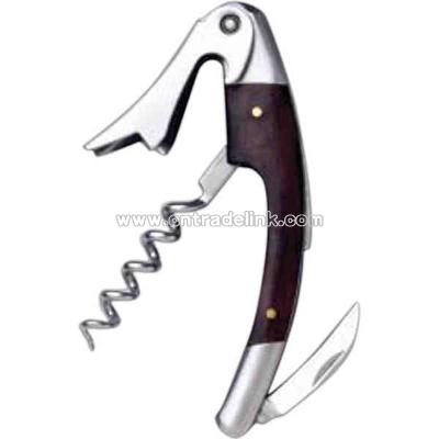 Curved stainless steel handy corkscrew with dark wood inset