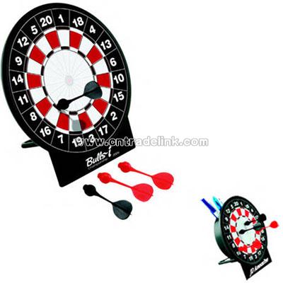 Desktop magnetic dart board with utensil cup stand