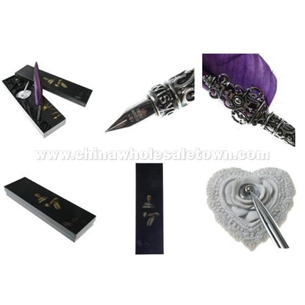 Elegant Heart Shaped Base Goose Feather Quill Dip Pen and Ink Set