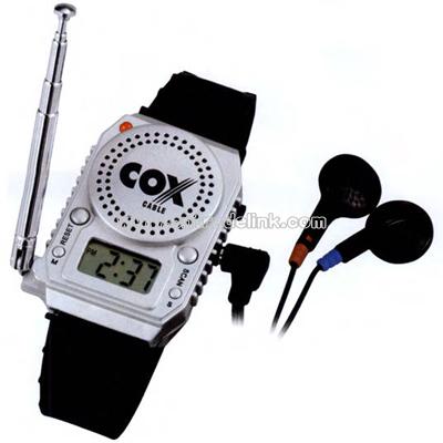 FM watch radio with built in speaker and alarm clock