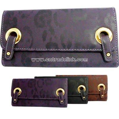 Faux leather clutch wallet with flower and twin buckle