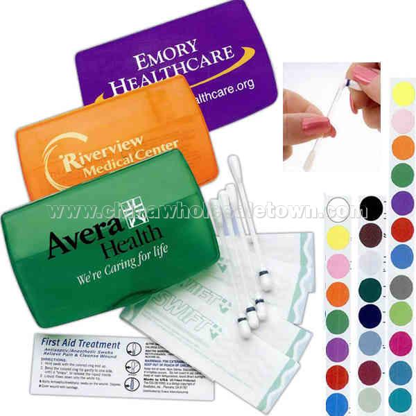 First aid kit with swab applicators and vinyl bandages