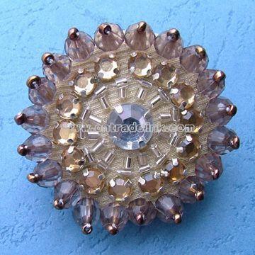 Flower-shaped Brooch with Plastic Beads and Acrylic Stone