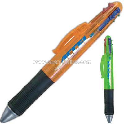 Four color refill ballpoint pen with black soft grip.