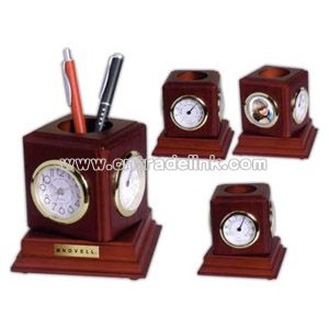 Four in one rosewood desktop pencil holder with clock thermometer and photo frame