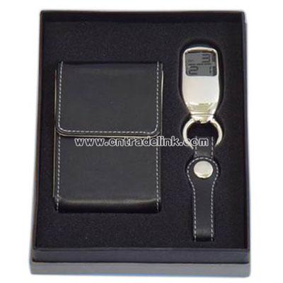 Gift set of LED key chain and leather card case