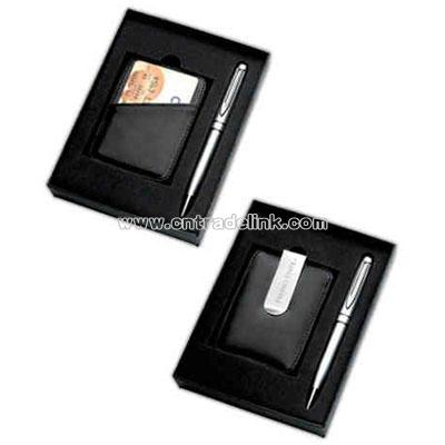 Gift set with ballpoint pen and money clip/credit card case