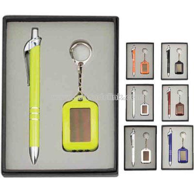 Gift set with metal ballpoint pen and solar key chain in gift box