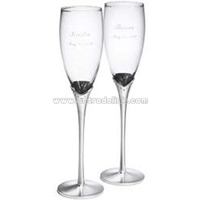 Glass Toasting Flutes with Crystals & Satin Stems