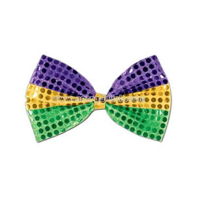 Glitz 'N Gleam - Gold, green, and purple bow tie with elastics attached.