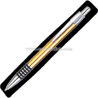 Gold pen with chrome trim in black velvet pouch