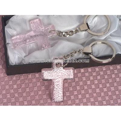 Handcrafted Glass Cross Key Chain Favors - Pink