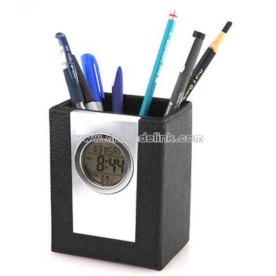 Leather pen holder with alarm clock.