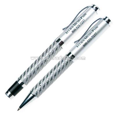 Metal roller ball pen with silver weave look