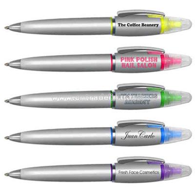 Metal twist retractable ball point pen and highlighter combo