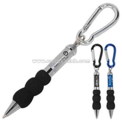 Mini metal pen with silver trim and a black grip with carabiner