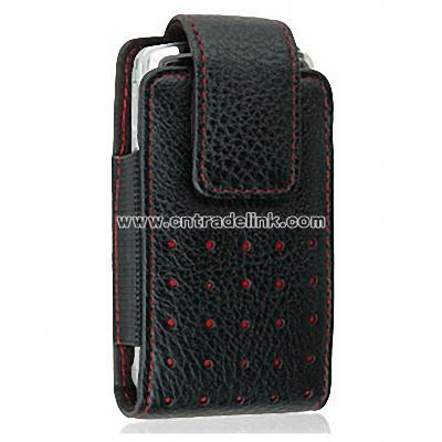 Motorola Rival A455 Black Leather Case Pouch Red Dots & Stitches