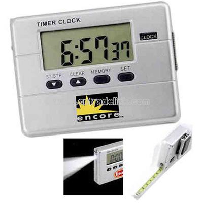 Multi function countdown timer with stop watch, clock, light and tape measure.
