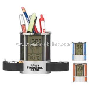 Multifunction clock and pen caddy
