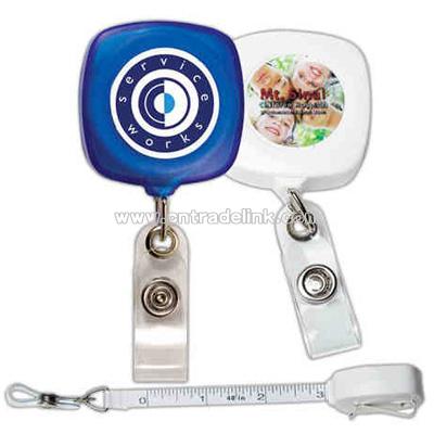 Overseas retractable badge reel with tape measure cord and metal clip back