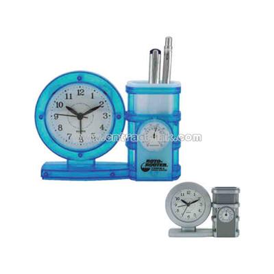 Pen holder clock with temperature gauge and alarm
