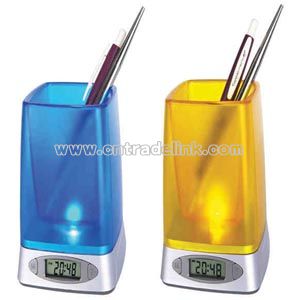 Pen holder with clock