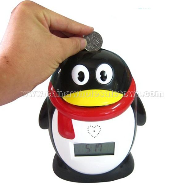 Penguin Digital Clock Count Coin Piggy Bank