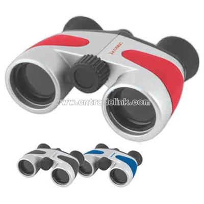 Pocket Size Metallic Silver Sport Binoculars With Rubberized Finish Color Panels
