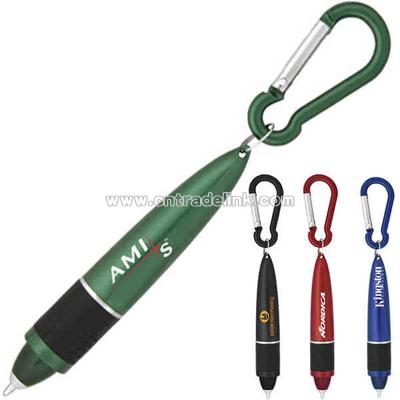 Pocket sized retractable ballpoint pen with carabiner