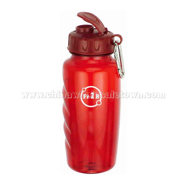 Polycarbonate sports bottle with molded finger grips and silver aluminum carabiner clip