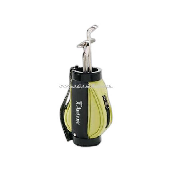 Promotional Pine Valley - Mini leather tone golf bag with three pens.