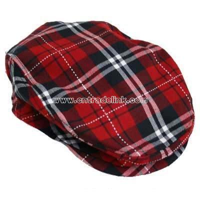 RED NAVY & WHITE PLAID SNAP FRONT IVY BERET CABBIE HAT