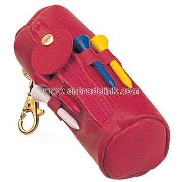 Red leather golf pouch w/ wooden tees.