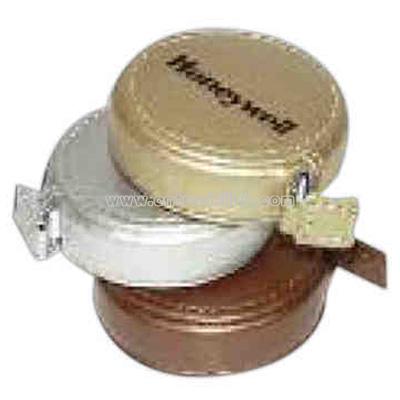 Round metallic leatherette locking tape measure with press-release padded case