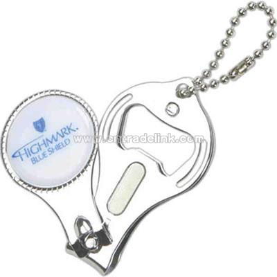 Round nail clipper with bottle opener and key chain